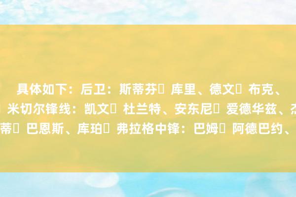具体如下: 后卫:斯蒂芬・库里、德文・布克、凯德・坎宁安、多诺万・米切尔 锋线:凯文・杜兰特、安东尼・爱德华兹、杰伦・布朗、斯科蒂・巴恩斯、库珀・弗拉格 中锋:巴姆・阿德巴约、切特・霍姆格伦、杰伦・杜伦 体育赛事直播